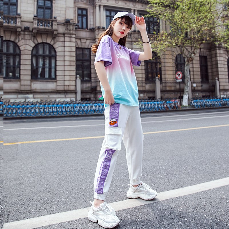 Thể thao bộ của phụ nữ thời trang Hàn Quốc phiên bản lỏng lẻo t-shirt nửa tay áo quần bảo hộ lao động không thường xuyên hip-hop hai mảnh bộ mùa hè