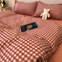 Red grid four pieces of bed sheet fabric pure cotton Nordic style nude sleep minimalist Dormitory Three Sets of pins net red