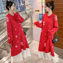 Pregnant women dress winter dress long sweater winter red autumn winter dress foreign style set fashion autumn and winter