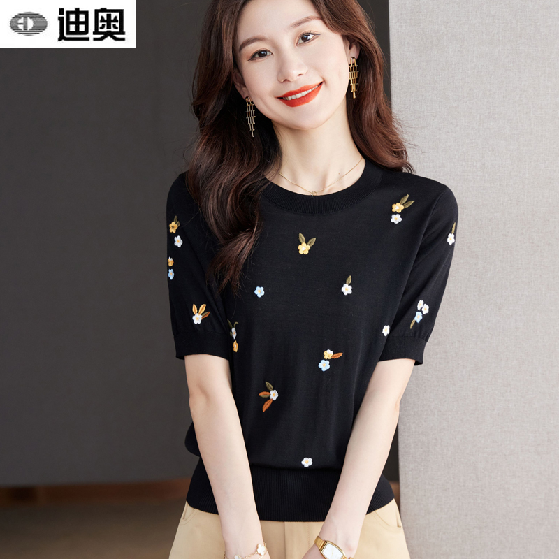 Dior Summer Thin High-End Round Neck Elegant Short-Sleeved T-Shirt for Women Small Fragrant Floral Black Ice Silk Trend Dior Summer Thin High-End Round Neck Elegant Short-Sleeved T-Shirt for Women Small Fragrant Floral Black Ice Silk Trend