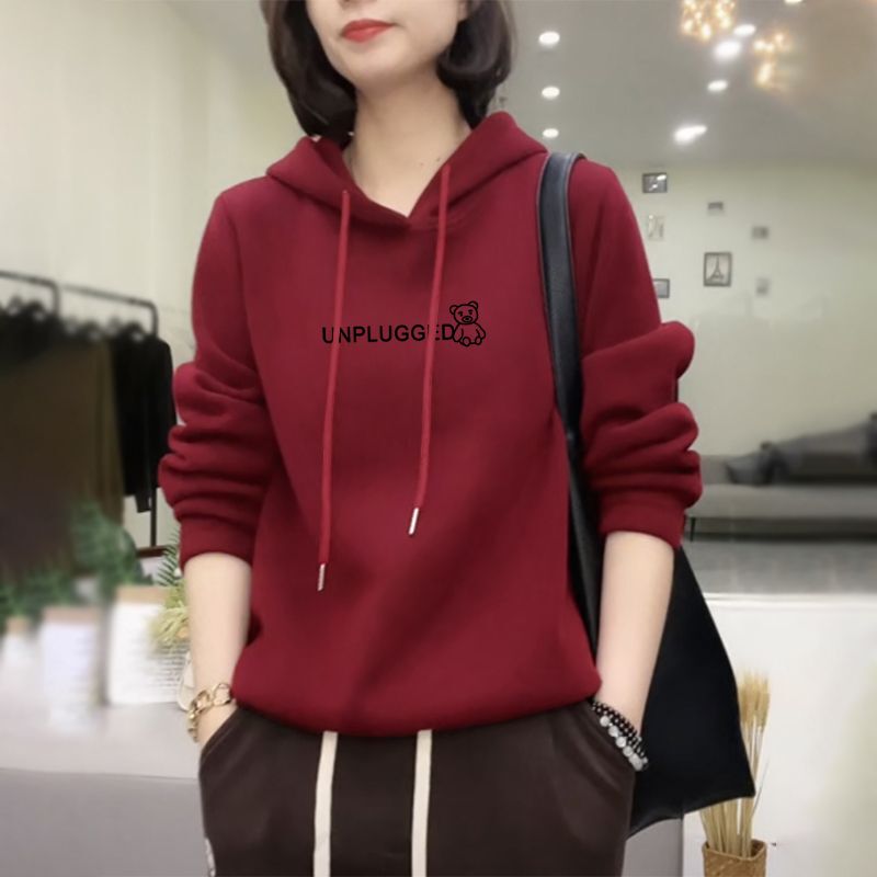 [100% Cotton] Red Hooded Sweatshirt for Women 2025 New Autumn Style with Fleece Lining, Fashionable Casual Letter Design, Slimming Effect