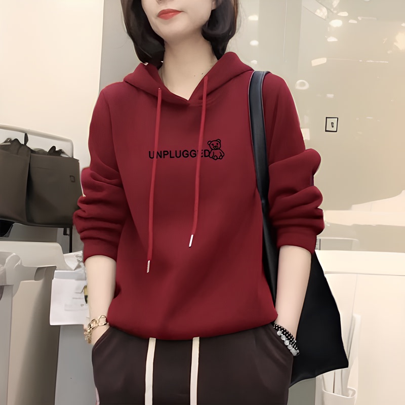 [Pure Cotton] Hooded Sweatshirt for Women 2025 New Autumn Fleece-Lined Inner Wear, Middle-Aged Casual Slim-Fit, Bright Red, Age-Reducing