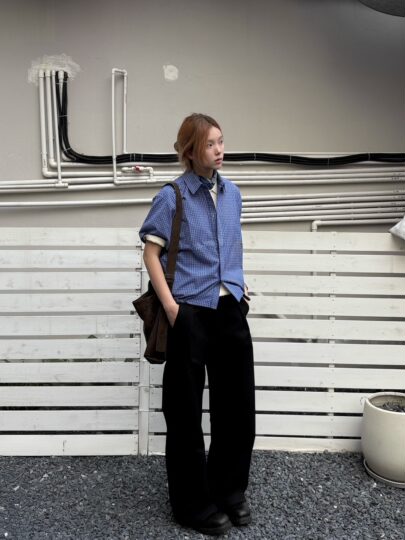 Xanvas「Royal Blue」皇家蓝色格纹抽绳短袖衬衫miu系夏季百搭