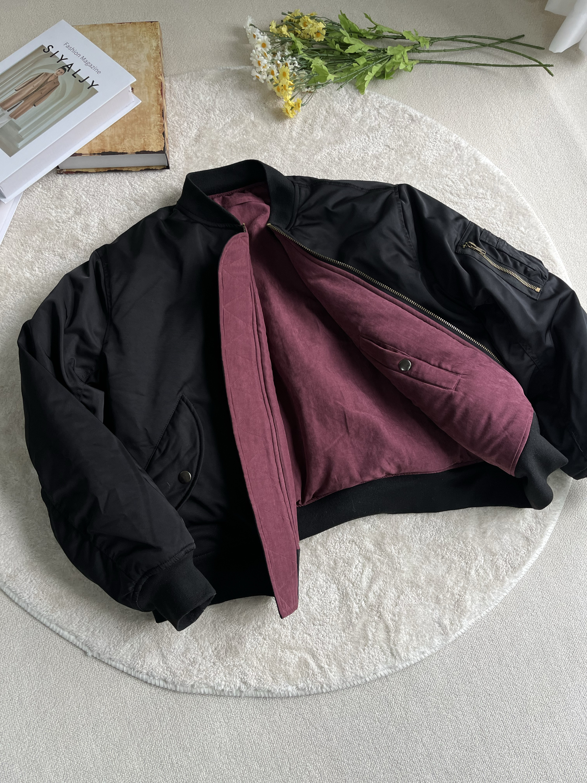 Xanvas 3色バーガンディベルベットアニュアルキングフライド厚手コットンボンバージャケットリバーシブルMA1パイロット