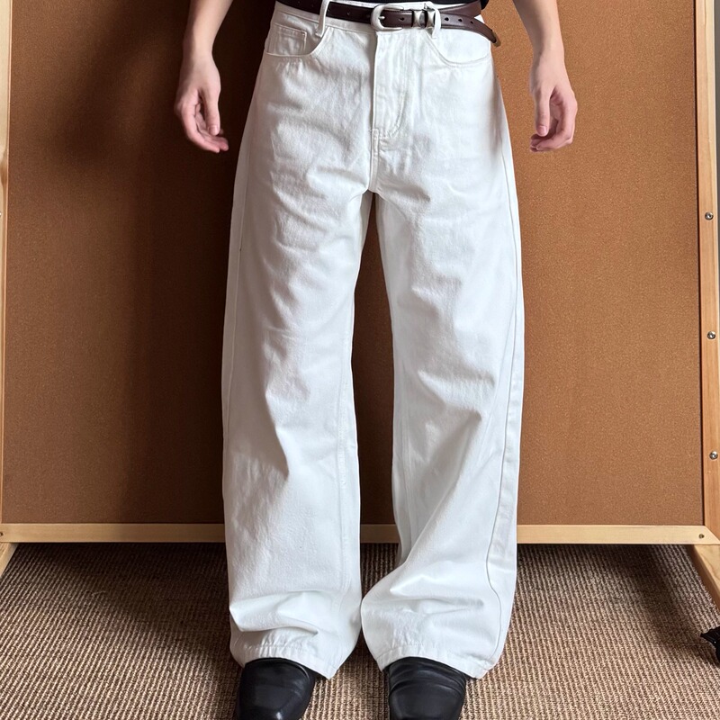 Xanvas Brown Leather Label Limited Edition Heavy White Washed Straight-Leg Flared Wide-Leg A-Line Jeans