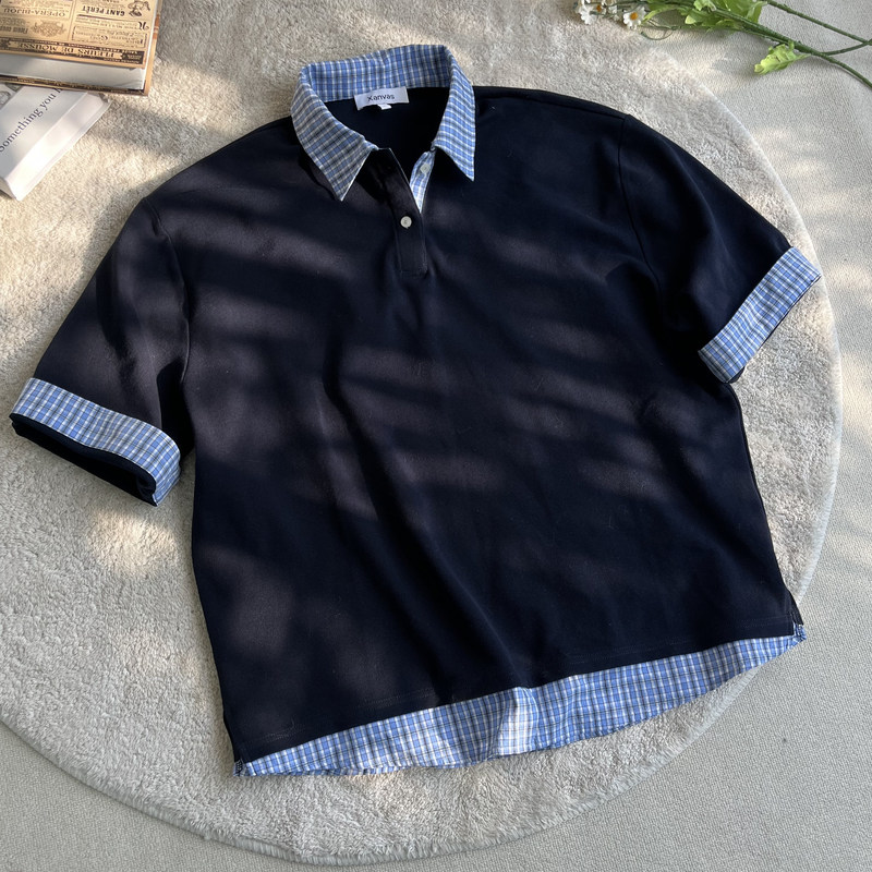 Xanvas【Original Authentic】Navy Blue Fake Two-Piece Patchwork Plaid Polo Collar Short Sleeve Shirt T-Shirt Miu Style