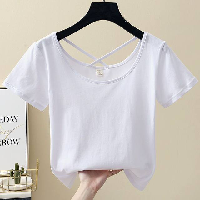 White cotton short-sleeved t-shirt women's summer 2022 new slim-fitting bottoming shirt low-neck u-neck halter top