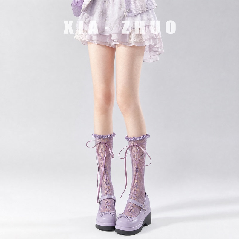 Purple Joy~ Dopamine Colorful Mid-Calf Socks Purple Lace Tie Calf Socks Ribbon Mesh Rose Pink Long Socks Purple Joy~ Dopamine Colorful Mid-Calf Socks Purple Lace Tie Calf Socks Ribbon Mesh Rose Pink Long Socks