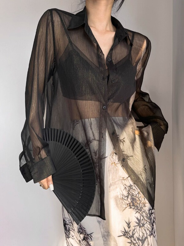 Black Tencel Chiffon Sun Protection Clothing, Sheer Shirt for Women, Summer Thin Style, Camisole Outerwear, Transparent Long-Sleeve Shirt Jacket Black Tencel Chiffon Sun Protection Clothing, Sheer Shirt for Women, Summer Thin Style, Camisole Outerwear, Transparent Long-Sleeve Shirt Jacket