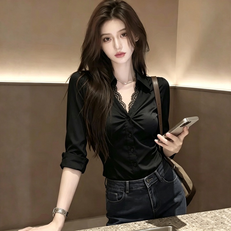 Sexy Lace Patchwork Lapel Long-Sleeved Shirt for Women 2026 Early Autumn New Style French High-End Waist-Slimming Top Sexy Lace Patchwork Lapel Long-Sleeved Shirt for Women 2026 Early Autumn New Style French High-End Waist-Slimming Top