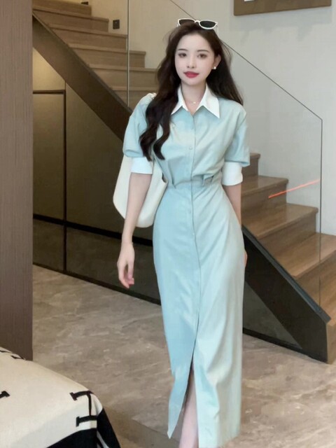 French high-end temperament shirt dress women's summer new design sense five-quarter sleeve waist slim tea break dress