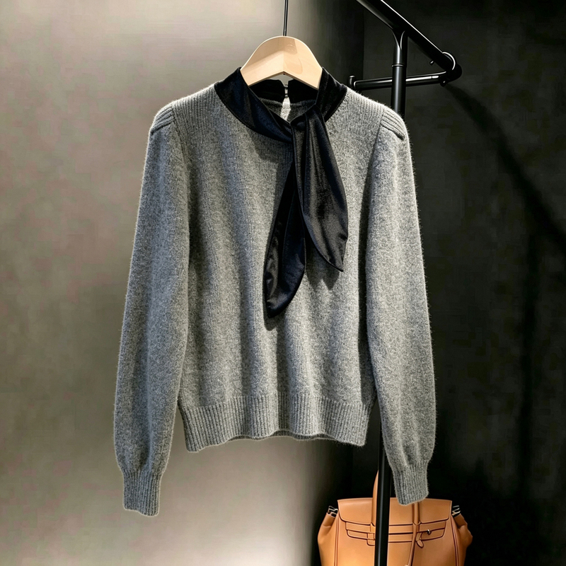 2026 Autumn French-Style Velvet Ribbon Knit Sweater for Women, Half-High Collar with Bow, Vintage Slim-Fit Long-Sleeve Sweater