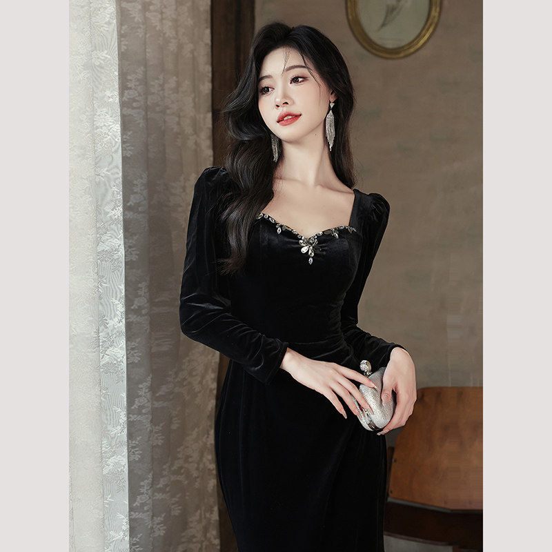 👗梦幻黑天鹅:2024新款黑色法式丝绒晚礼服裙,让你成为宴会焦点👑-礼服/晚装-淘宝好物网