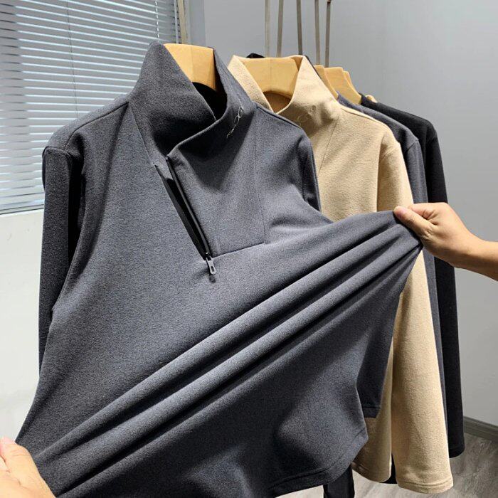 Niche design plus velvet and thick winter men's simple functional style all-match warm pullover sweater tide 4682