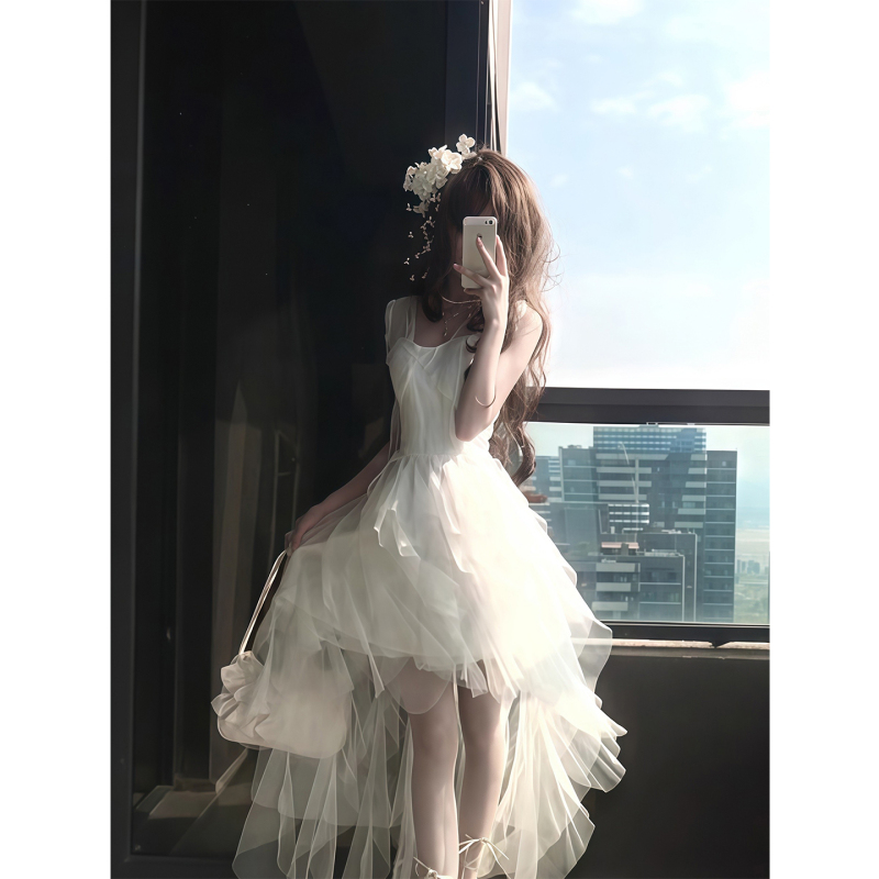 Sisi Sauce Birthday Dress 2.0 French Mesh Princess Dress Exquisite White Fairy Slimming Strap Dress for Women