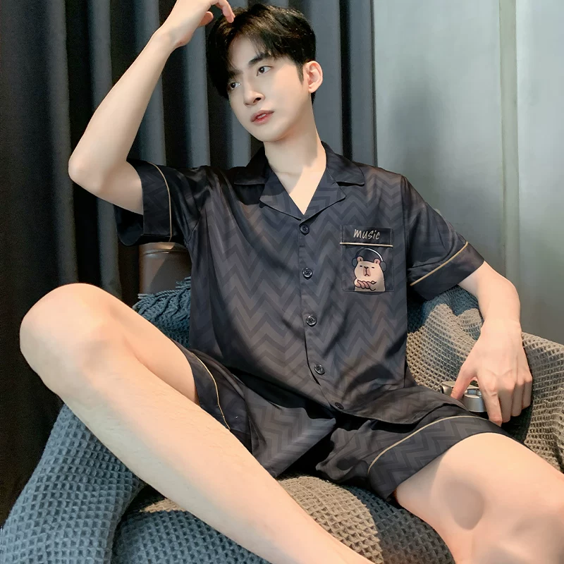 Мужские летние пижамы, шелковые тонкие осенние шорты, комплект, с коротким рукавом, мужской стиль, для подростков