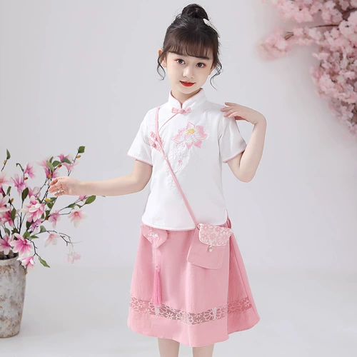 Детское ханьфу, летняя юбка, комплект, ципао, китайский стиль, в западном стиле