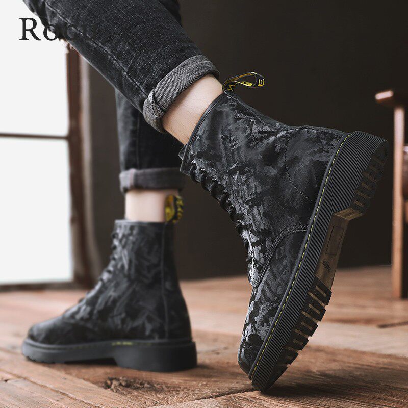 Rocu Martin boots men's British style high-top leather boots trendy shoes 2020 new winter plus velvet warm high-top tooling boots