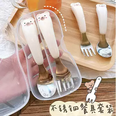 304 children's stainless steel fork spoon set Baby learn to eat training spoon fork tableware Baby supplementary food bowl spoon