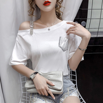  Design sense of caution machine oblique shoulder strapless short-sleeved t-shirt sequins sparkle 2021 summer new bottoming top womens trend