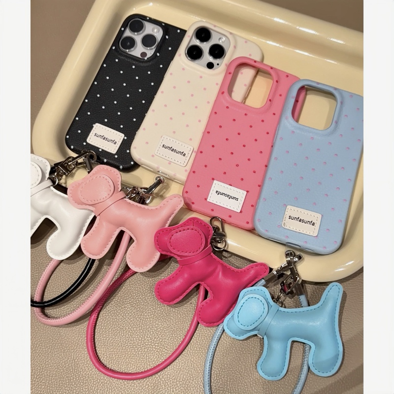 Dopamine Color Series Simple Polka Dot Design Suitable for Apple 17 Pro Max Phone Case iPhone 16/15 with Puppy Climbing Rope 14 Pro Lychee Texture 13 Soft 12 Pro Max Cute Couple Anti-Drop Case