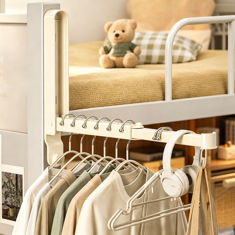 Bedside Clothes Hook, No-Drill, Foldable Clothes Drying Rod, Side Hanging Rack for Bunk Beds, Retractable Hanging Rod