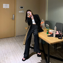 MUJINLU Black High Waist Casual Western Dress Pants Women Summer Loose Display Slim Fit Slim Straight Pants Tugging Broadlegged Pants