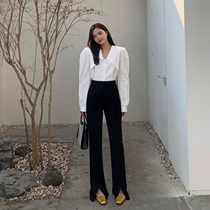 MUJINLU Black Plus Suede Open Fork Western Dress Pants Lady Autumn Winter New High Waist Loose Slim Casual Straight Drum Pants