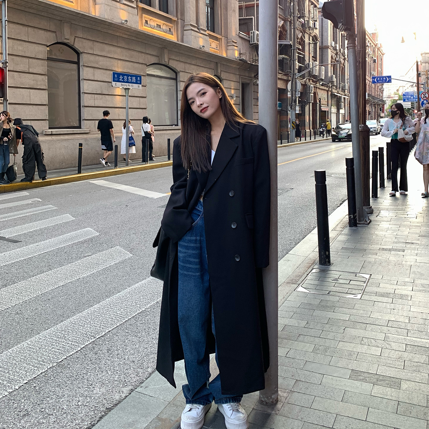 Chenmifan black mid-length suit jacket women's autumn and winter temperament loose double-breasted gray coat over the knee