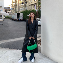 MUJINLU Superior Sense Black Leather Suit Jacket Woman Autumn Winter Temperament Loose Over Knee Long big coat