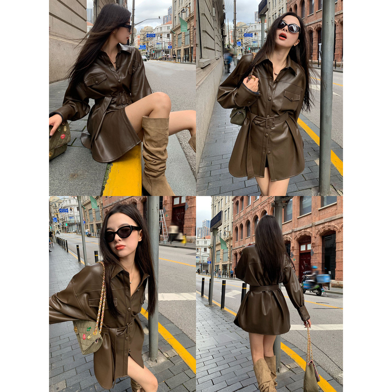 Chenmi Fan [in Stock 45% off] Women's Leather Jacket Long Sleeve Unique Loose Fit Waist-Cinching Pu Leather Shirt Biker Jacket
