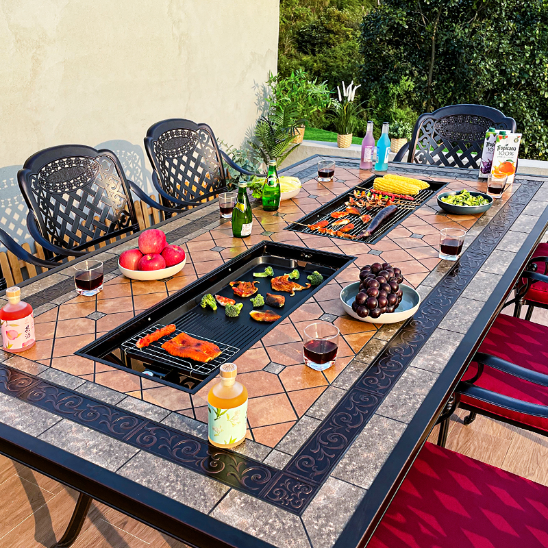 Outdoor cast aluminum barbecue dining table courtyard terrace garden villa wrought iron outdoor leisure home outdoor outdoor electric grilling table and chairs