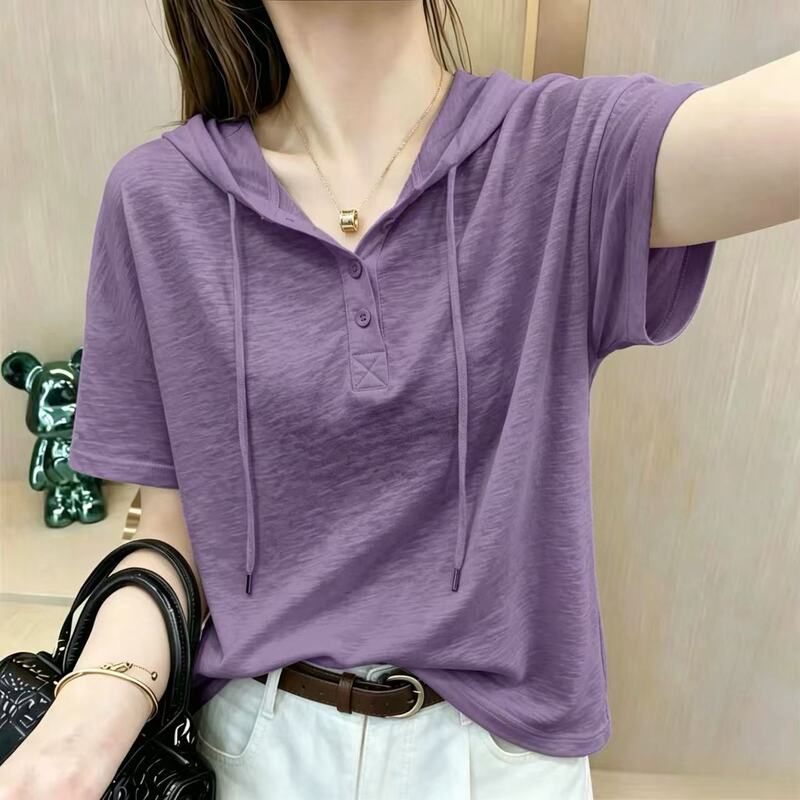 100% Bamboo Cotton Hooded Short-Sleeved T-Shirt for Women, Summer New Style, Pure Cotton, Korean Style, Loose, Slimming, Elegant, Trendy Women's Clothing