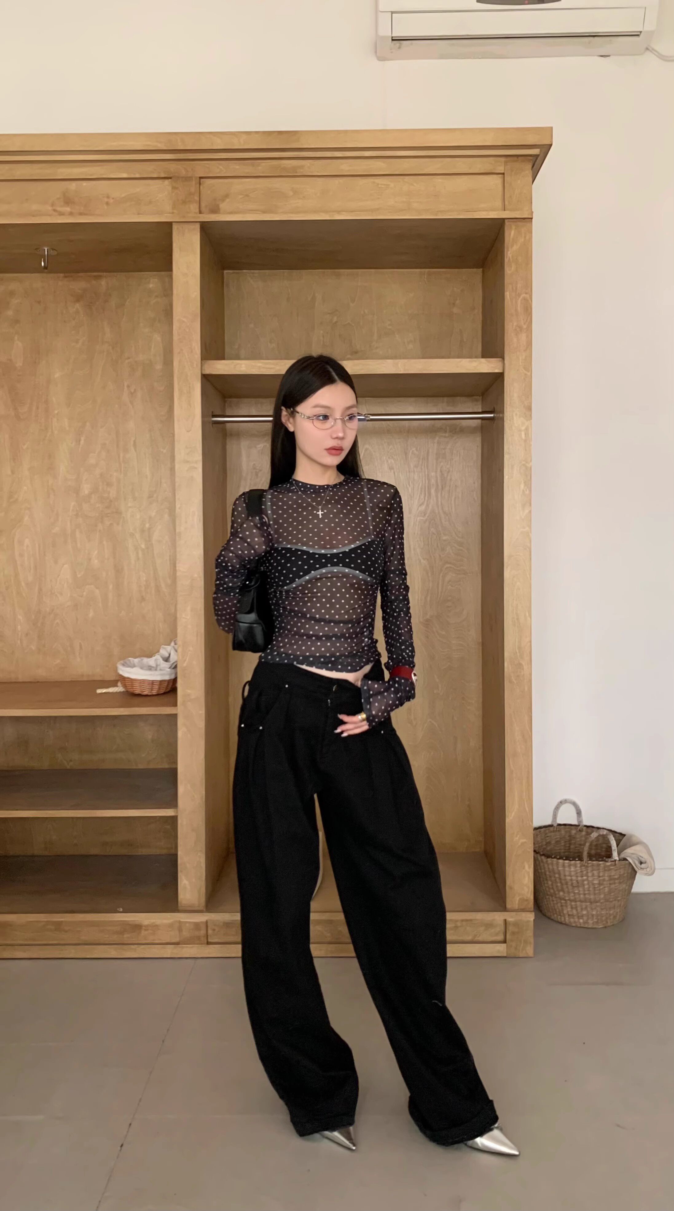 Блузка 波点网纱长袖内搭衣女春夏新款修身显瘦防晒百搭上衣潮