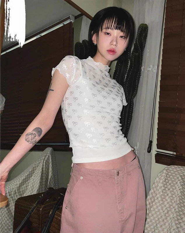 Unique Sweet and Spicy Bow Print Half-High Collar Sheer Slim-Fit Short-Sleeve T-Shirt Top