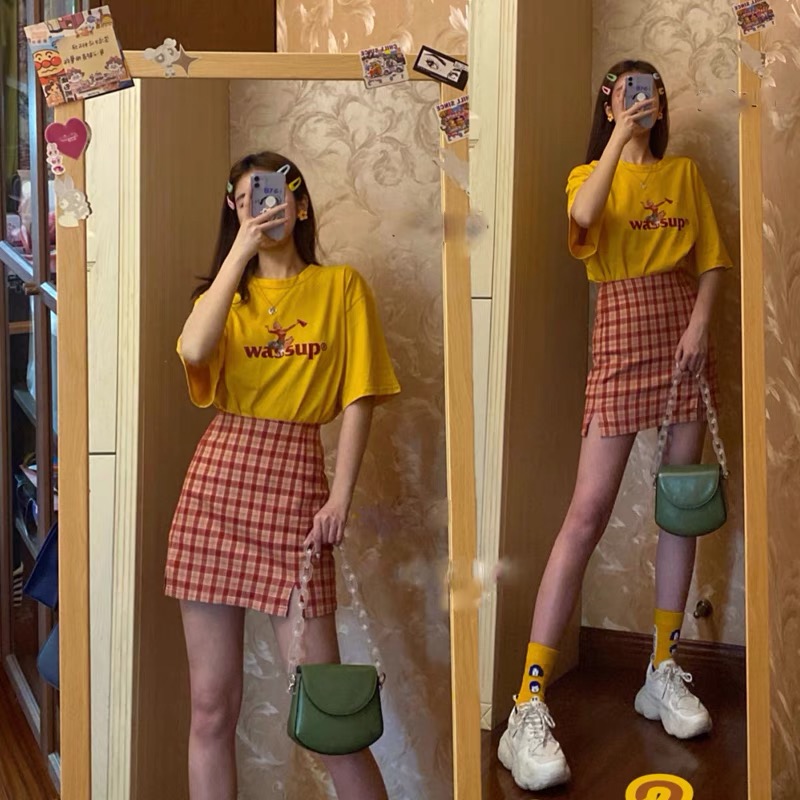 Summer Fried Street Can Salt sweet suit Skirt Women Meta gas Girl wearing a lap short sleeve blouse matching plaid short dress Two sets