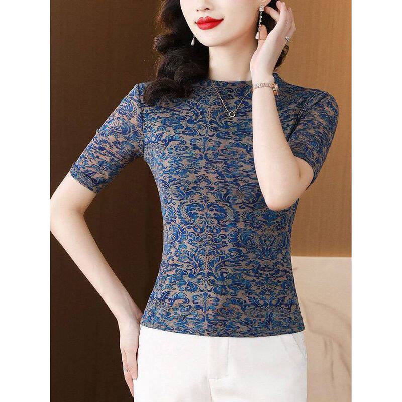 [Double-Layer Mesh] Blue Lace Slim-Fit T-Shirt, Slimming and Versatile, Popular Print Top with Five-Quarter Sleeves for the Job Hunting Season