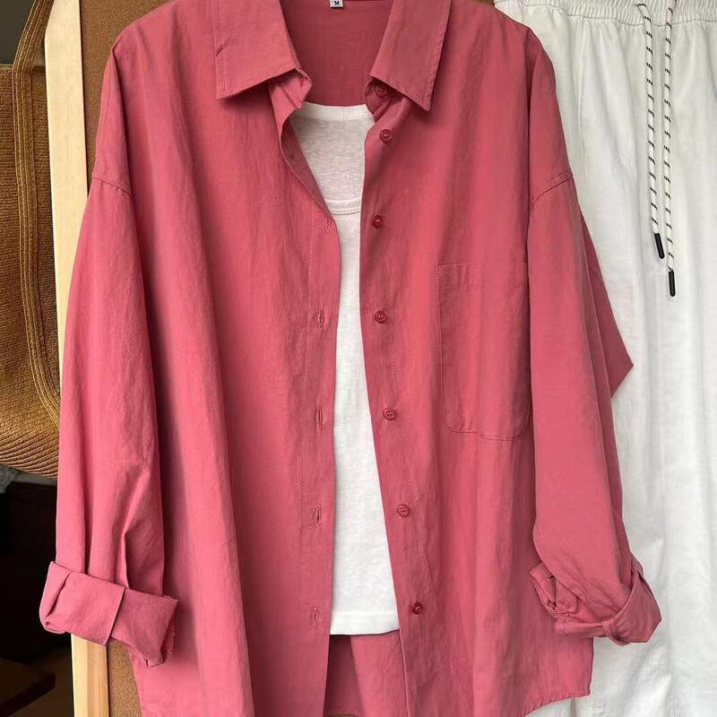 Watermelon Pink Pure Cotton Shirt for Women, Spring and Autumn, Light Luxury, High-End Feel, Layered, Loose, Covers the Body, Versatile, Long-Sleeved Cardigan Shirt