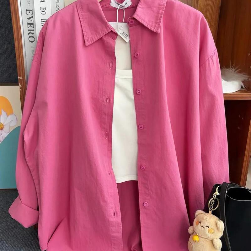 Pure Cotton Rose Pink Shirt for Women, Spring and Summer, Loose Fit, Versatile, Slimming, Long-Sleeved, Sun-Protective Shirt Jacket with a High-End Feel