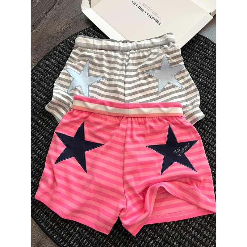 American-Style Star-Striped Short Pajama Pants for Women, Summer Casual Versatile Color-Block Loose Slimming Walking Pants Suitable for Going Out or Wearing at Home
