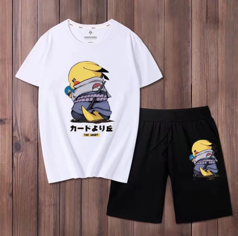 Pikachu bộ đồ hoạt hình giản dị mới dễ thương quần short mỏng phần lưới trẻ em màu đỏ trẻ em mùa hè nửa tay phong cách phương tây - Bộ đồ