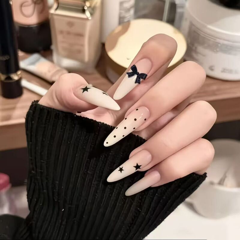 Summer Wearable Nails, Mid-Length French Style Polka Dot Bow, High-End, Light Luxury, Brightening Effect, ins Semi-Handmade Nail Pieces