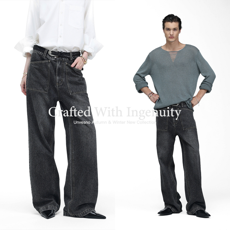 【Hand-Washed Vintage Effect】Unvesno (Un) Light Luxury Mid-Rise Washed Matte Straight-Leg Black Jeans