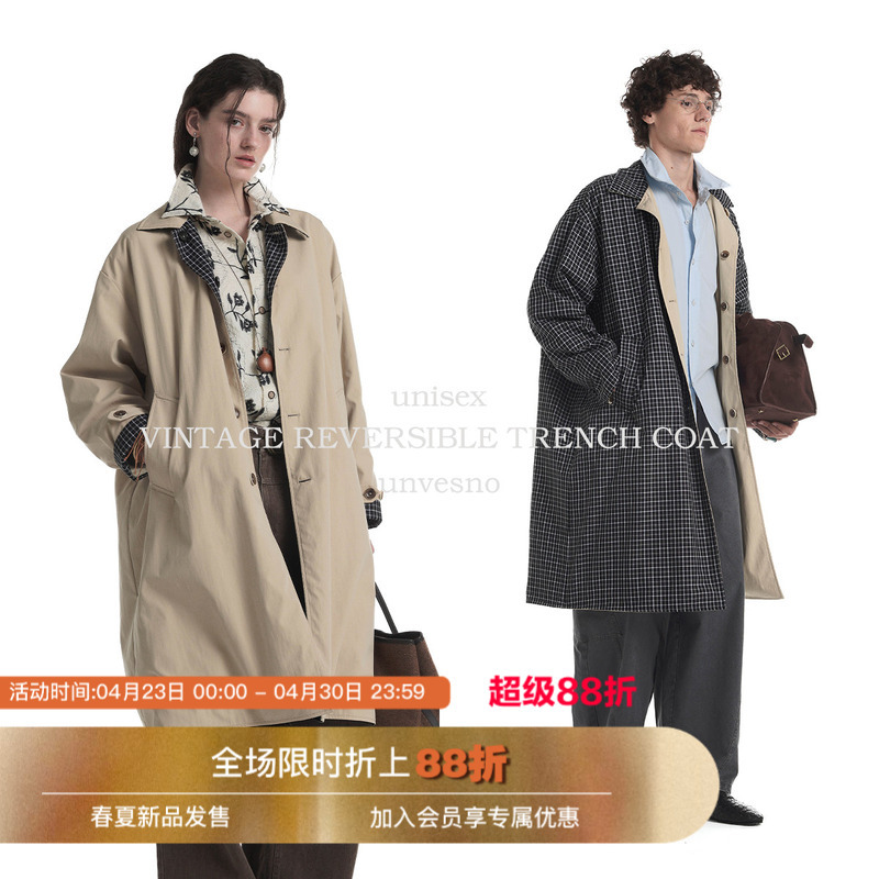 【Reversible】Unvesno (Un) Miu-Style Retro Plaid Loose-Fitting Long Trench Coat for Autumn