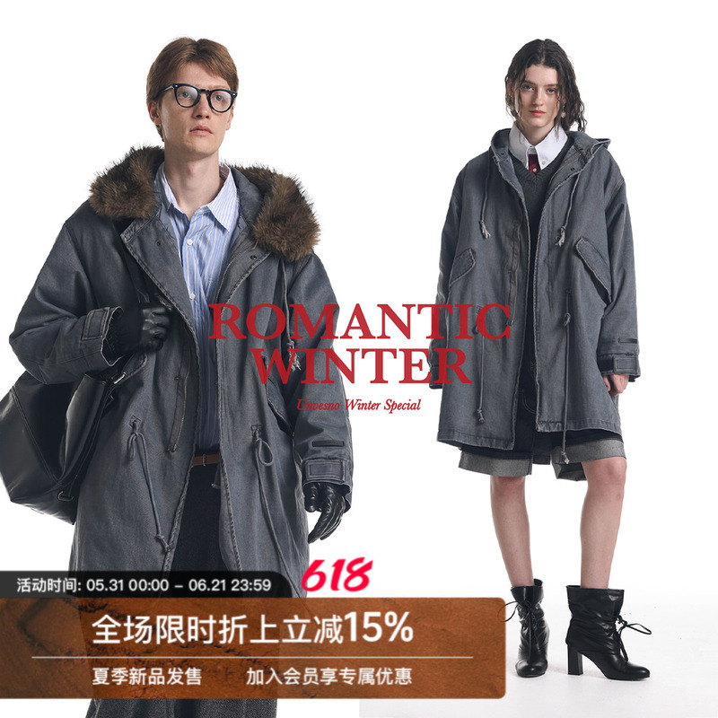 【Detachable Eco-Friendly Fur】Unvesno (Un) Heavyweight Distressed Washed Parka Cotton Jacket Windbreaker Coat