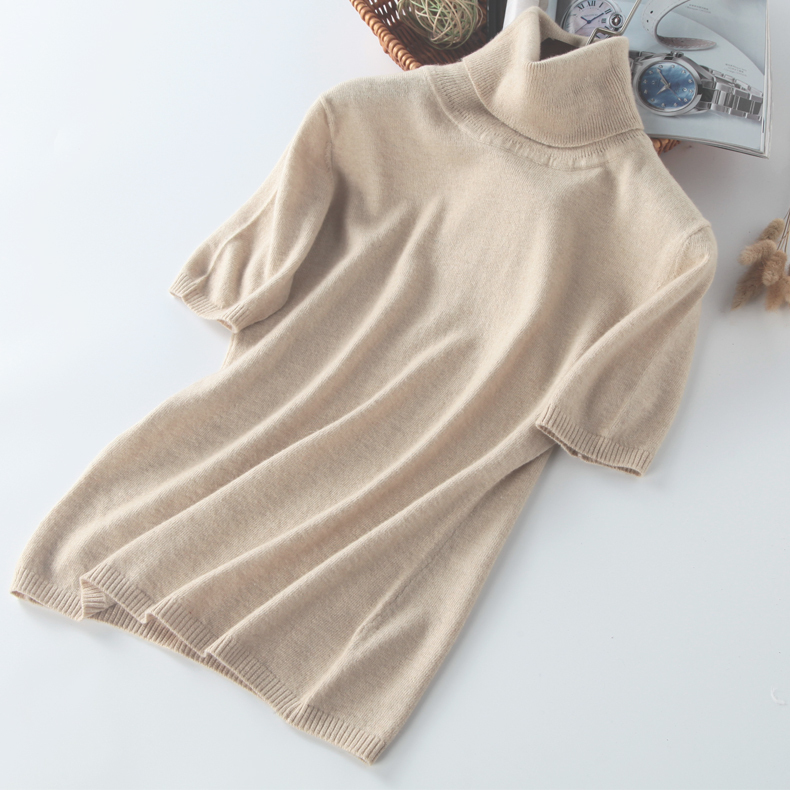 Early Autumn Simple Women's High-Neck Short-Sleeve Knitted Base Shirt, Five-Quarter Sleeve Thin Loose Large-Size Wool Sweater for Women