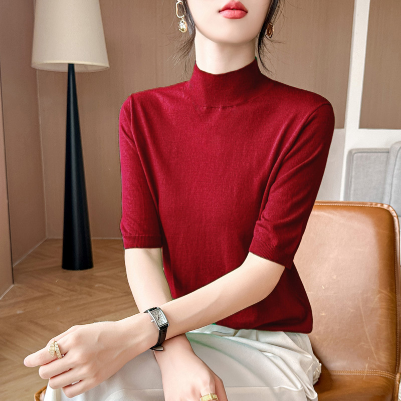 Spring and Autumn New Women's Half-Turtleneck Plus Size Knitwear Short Sleeve Loose Sweater Fine Knit Thin Base Wool Sweater Spring and Autumn New Women's Half-Turtleneck Plus Size Knitwear Short Sleeve Loose Sweater Fine Knit Thin Base Wool Sweater