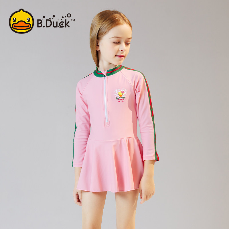 B Duck little yellow duck children's swimsuit Girls middle and large children's long-sleeved new sunscreen girl princess swimsuit