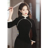 Черное зимнее ципао, легкий зимний короткий лонгслив, увеличенная толщина, светлый стиль