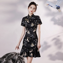 Improved Qipao Womens Summer 2022 New Teenage Fish Tails Young black printed country Chaulian dress Chinese wind
